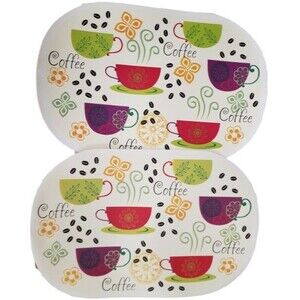 Set of 2 Same Kitchen Vinyl Non Clear Placemats(18"x12") COLORFUL COFFEE CUPS,BH